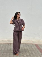 BELİ BAĞLAMA DETAYLI BOL PAÇA PANTOLON KAHVERENGİ (2)