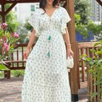 KOL DETAYLI V YAKA UZUN ELBİSE YEŞİL STANDART BEDEN