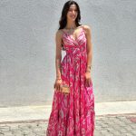 PEMBE İP ASKILI KRUVAZE YAKA ŞİFON ELBİSE