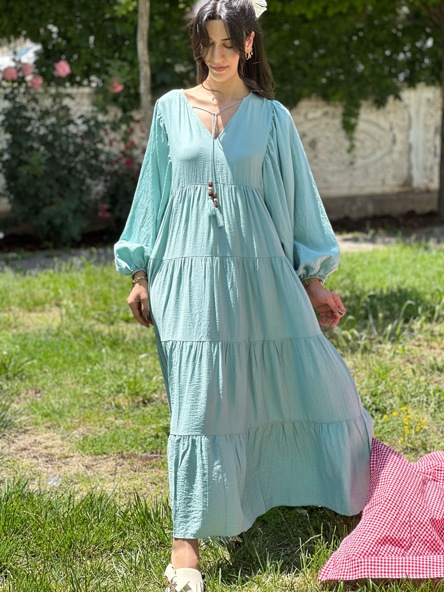 TURKUAZ BALON KOL KAT KAT ELBİSE