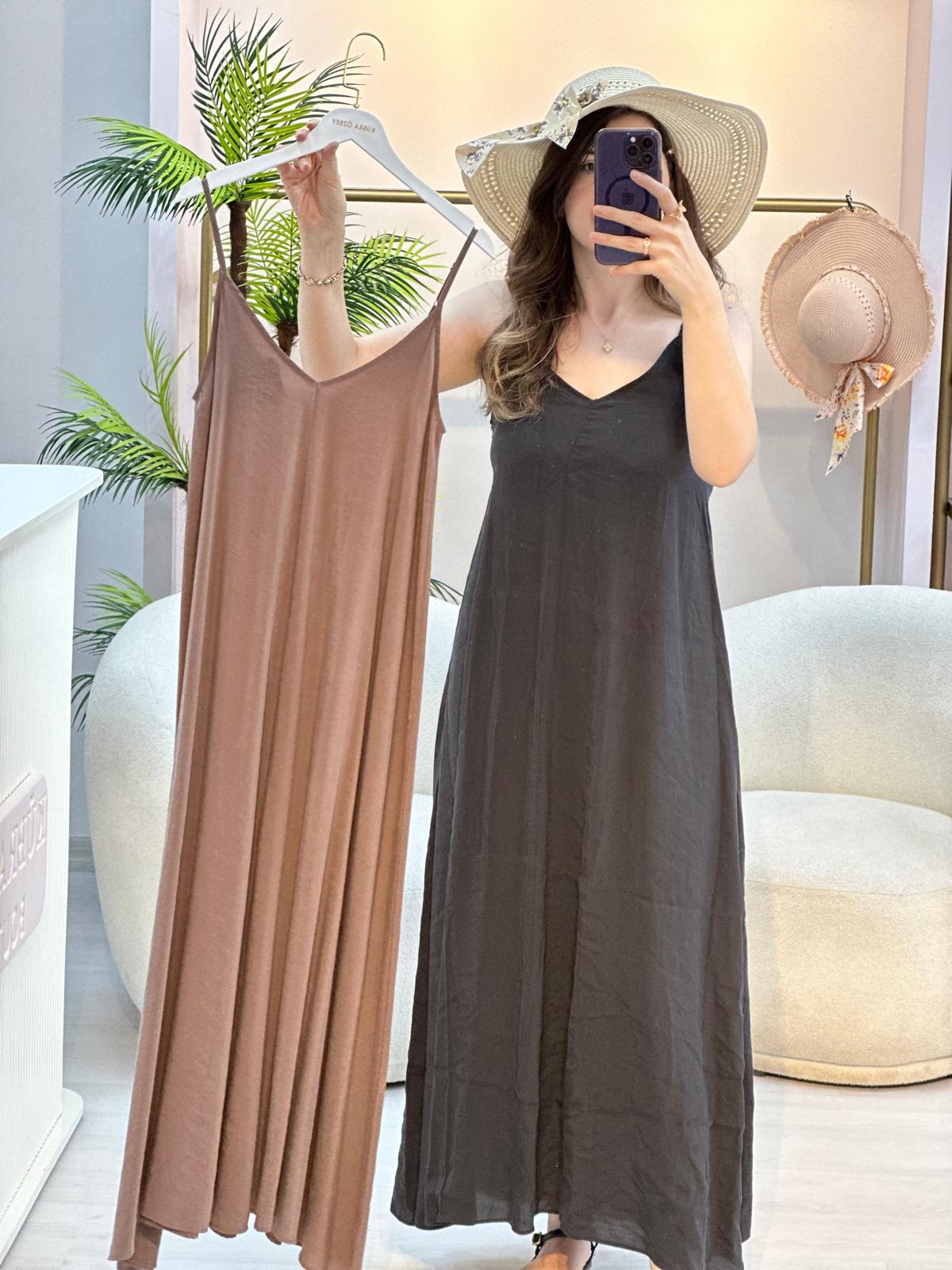 V YAKA DÖKÜMLÜ KAHVE ELBİSE