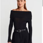 BARDOT YAKA FİTİLLİ SİMLİ TRİKO KAZAK -SİYAH