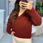 V YAKA YUMUŞAK DOKULU BORDO TRİKO KAZAK