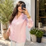 KENDİNDEN İŞLEMELİ İNCE DOKULU GÖMLEK -PEMBE